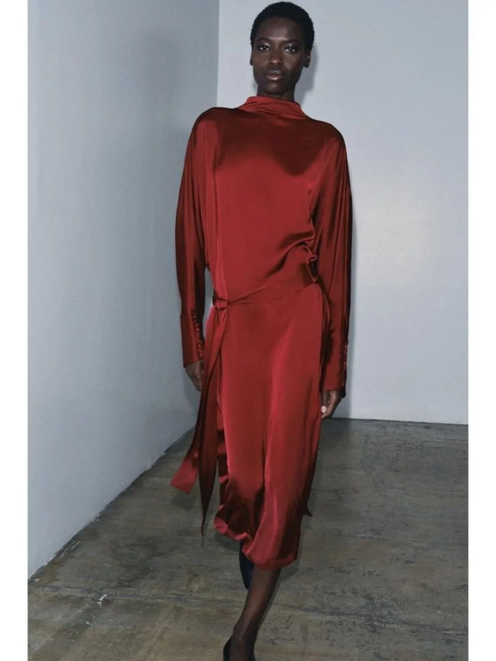 Zara ZW collection Womens Midi Dress Medium Red Wine Satin w Ties 9365/100 NWT
